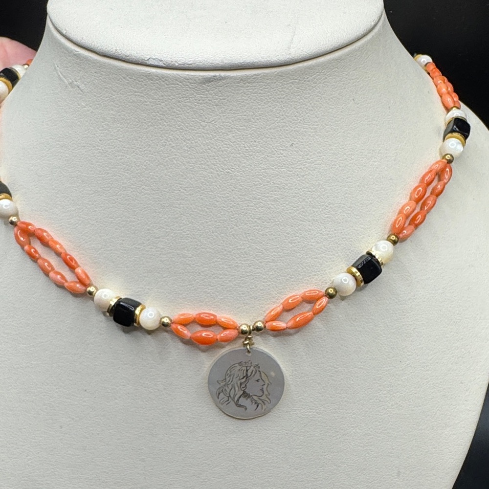 Authentic Coral Onyx Beaded Necklace with Silver clasp Gold wash 22 in long